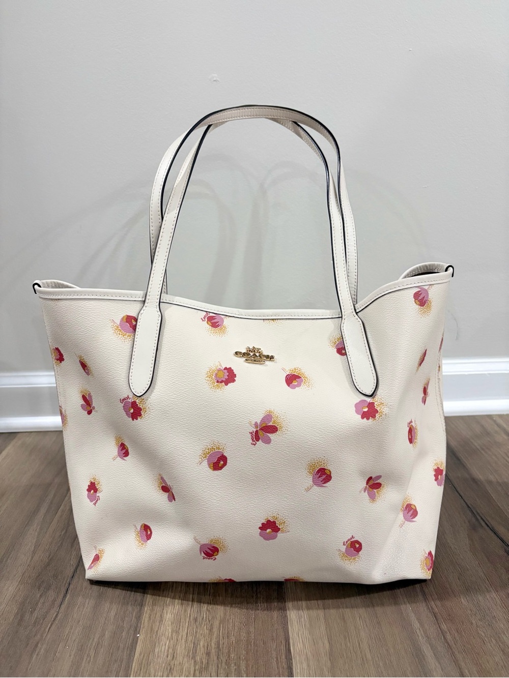 Coach white and pink floral tote bag purse